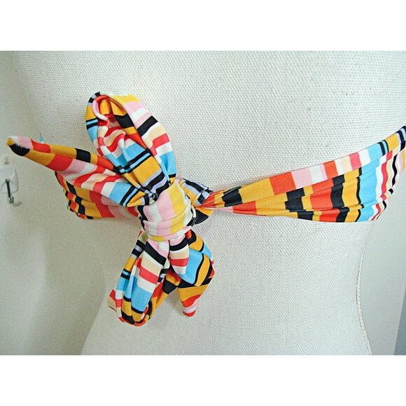 Bikini 2 Piece Bandeau Ruffle Trim Strapless Striped Printed Matching Swimsuit - Picture 3 of 6